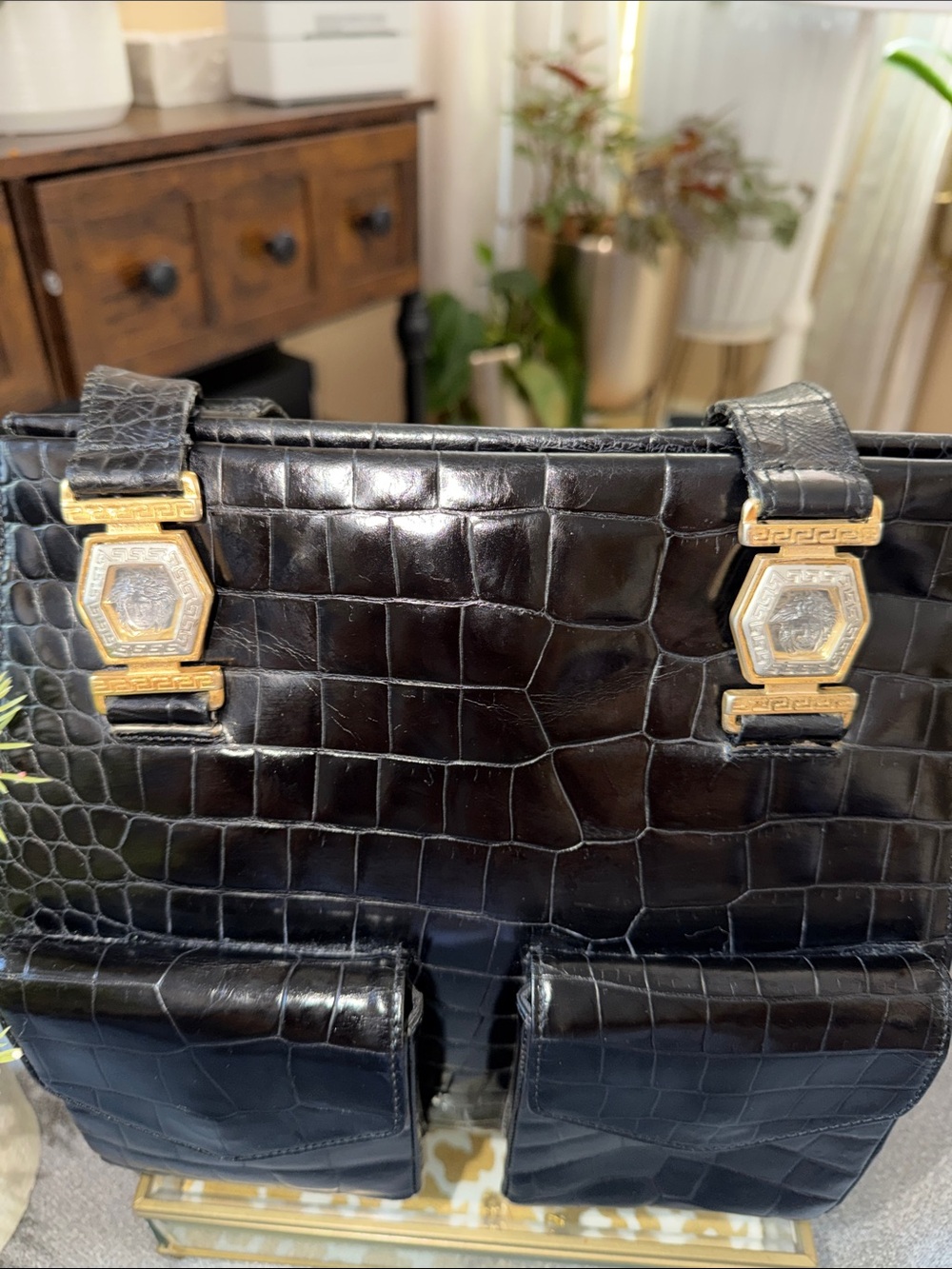Versace Black Croc-Embossed Shoulder Bag with Gold Medallions